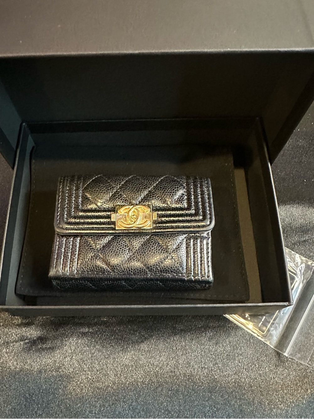 CHANEL Black Quilted Caviar Leather Small Wallet with Gold CC Turnlock